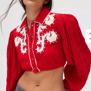 Urban Outfitters Red and White Embroidered Crop Top